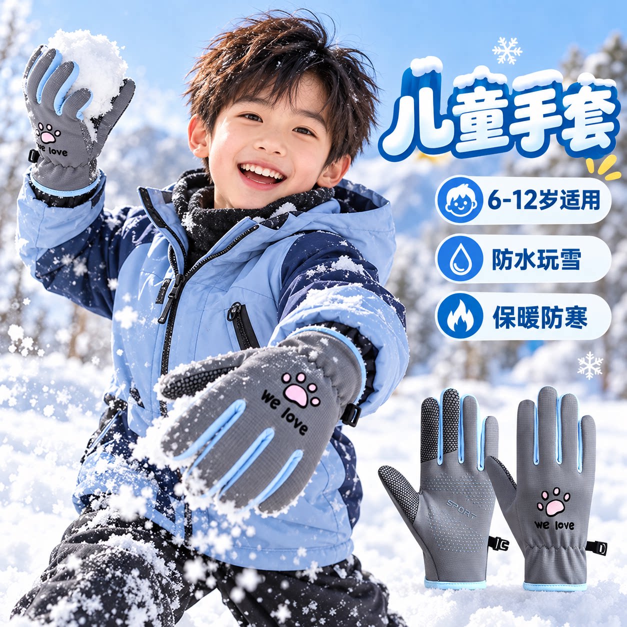 儿童手套6到12岁防水玩雪猫爪图案可调节腕带户外骑车防滑保暖