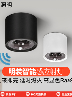 感应明装筒灯免开孔走廊入户玄关人体感应ledQ天花灯光控智能射灯