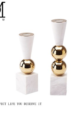 北欧样板房软装饰品摆件简约现代欧式家居餐桌P不锈钢大理石蜡烛