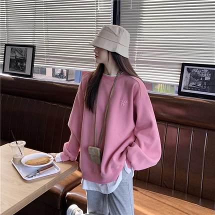 粉色修身假两件卫衣女款小个子秋冬D季圆领长袖上衣加绒中长版宽