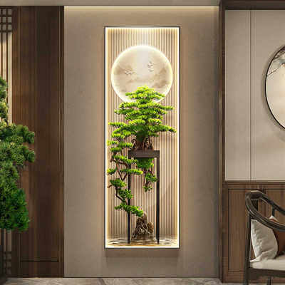新中式玄关装饰画竖版迎客松挂画走廊过道尽头壁画发光灯画入户门