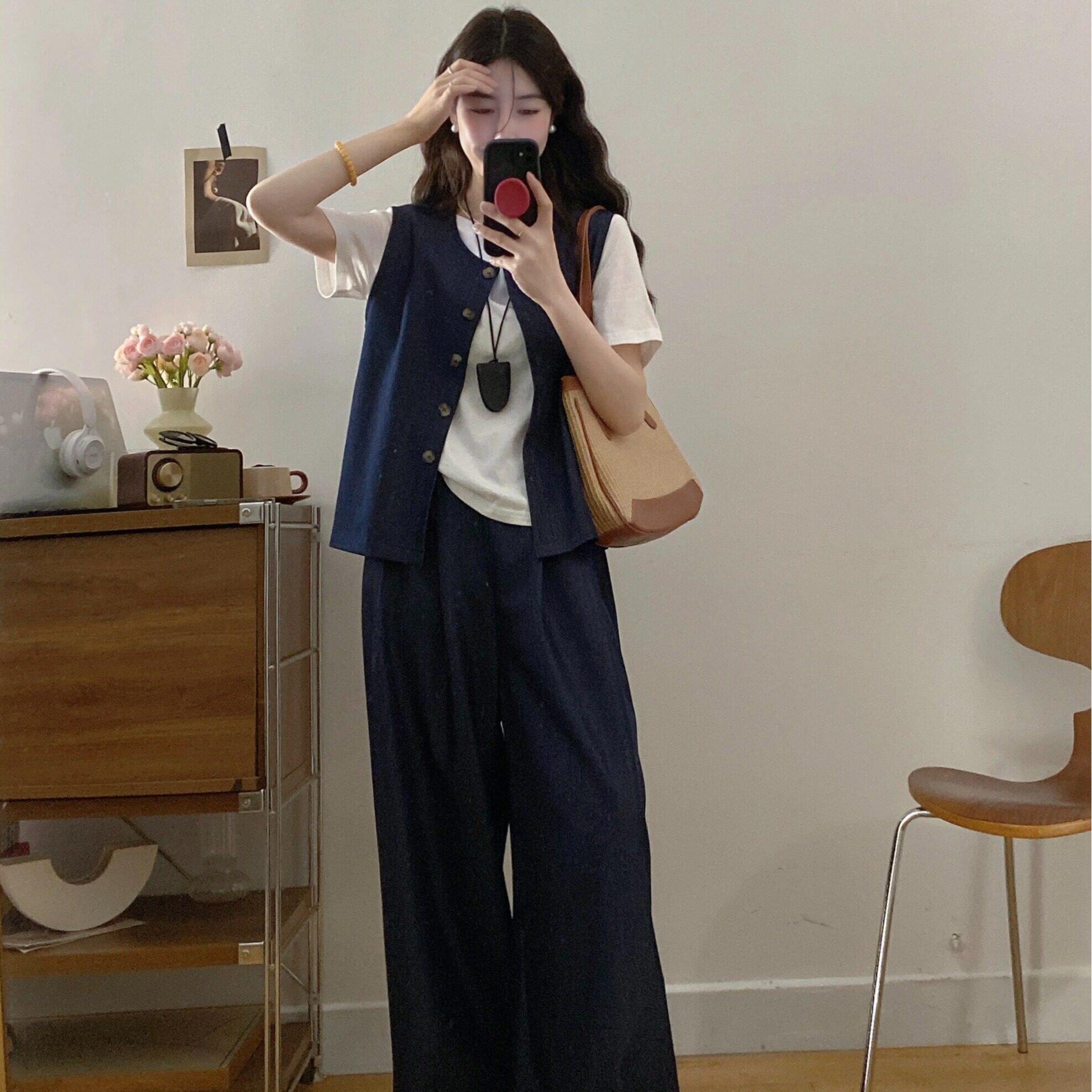 高级感复古牛仔马甲短袖T恤阔腿裤三件套女夏季大码时尚显瘦套装