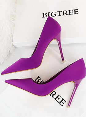 紫色高跟鞋女夏高级感职业细跟超y高跟绸缎浅口尖头大码41-43单鞋