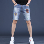 牛仔短裤 中裤 男浅色五分裤 夏季 欧版 潮流修身 子破洞弹力休闲马裤 薄