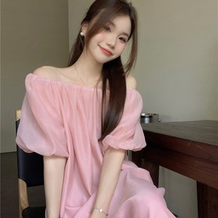 连衣裙女潮 显瘦气质一字肩两穿拼接泡泡短袖 大码 胖妹妹mm宽松夏季