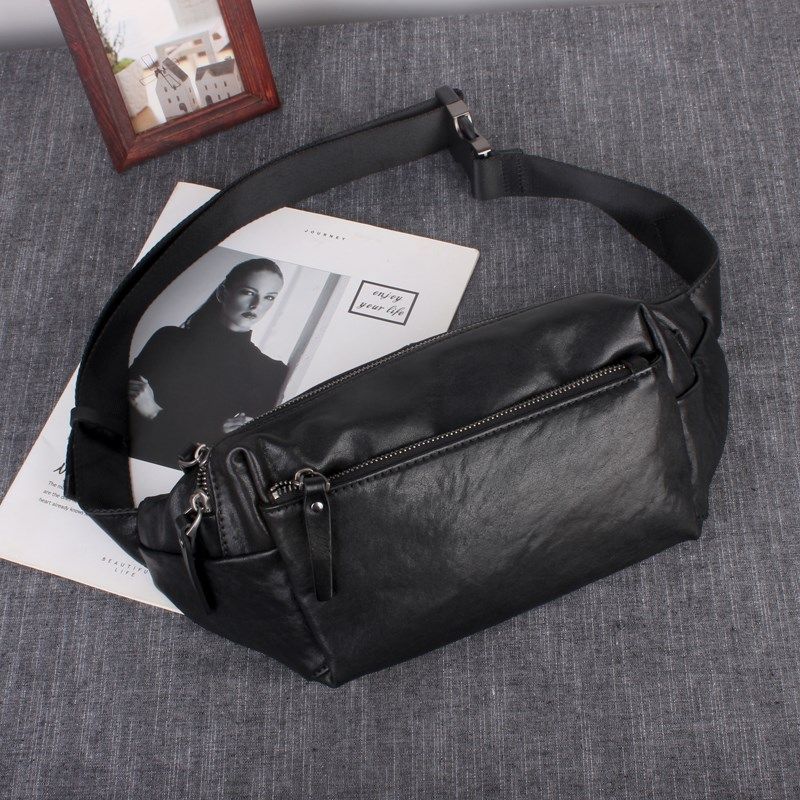 手工真皮胸包男士多隔层腰包纯牛皮斜挎包日式简约骑行运动手机包