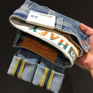 斜插裤兜斜纹牛仔裤男款美式印花弹力蓝色修身小脚九分裤夏季薄款