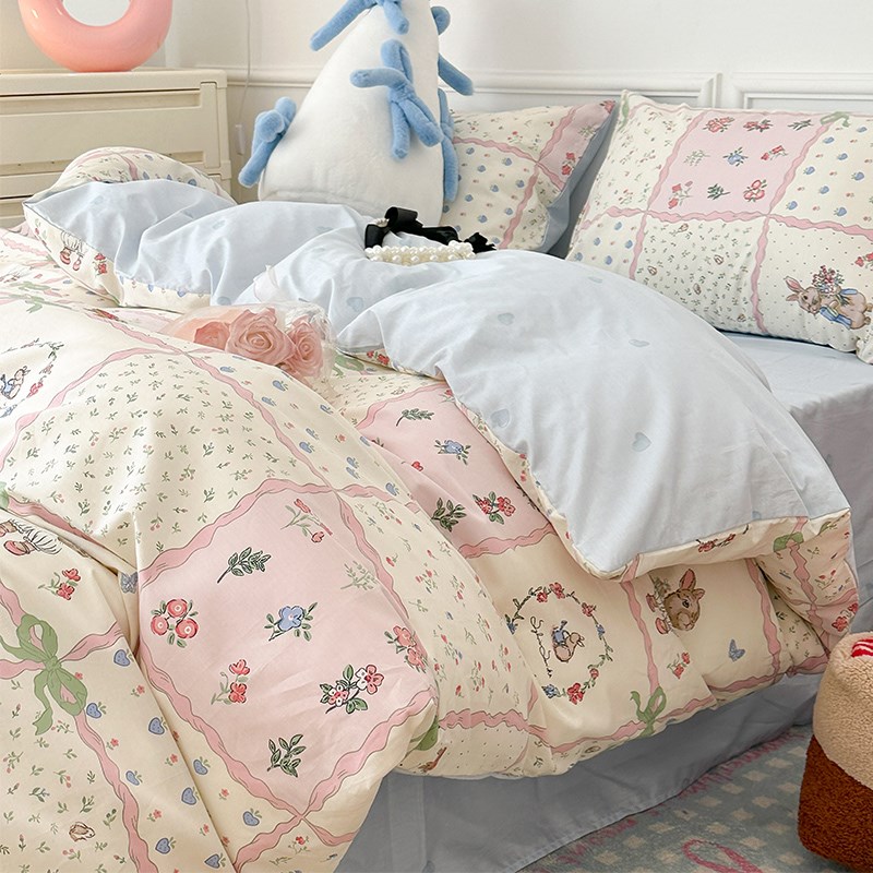 韩系碎花格子兔兔纯棉四件套少女心可F爱全棉三件套被套1.5米床单