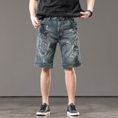 休闲宽松半截五分裤 美式 子 中裤 大码 潮牌怀旧破洞刺绣牛仔短裤 男士