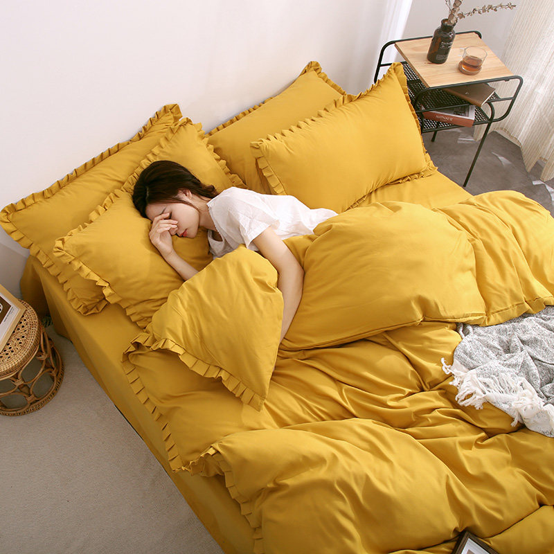 网红款纯色水洗棉床上四件套可爱少女床单被套床笠款宿舍三件套