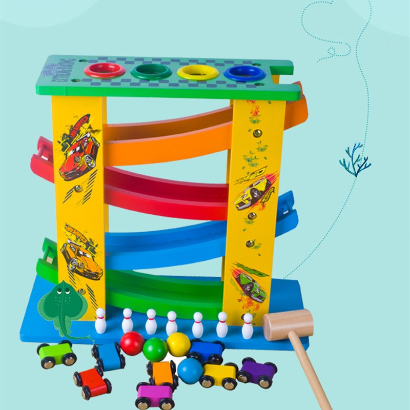 多功能飞车四层天梯滑翔车轨道滑梯车木制益智儿童惯性滑行玩具车