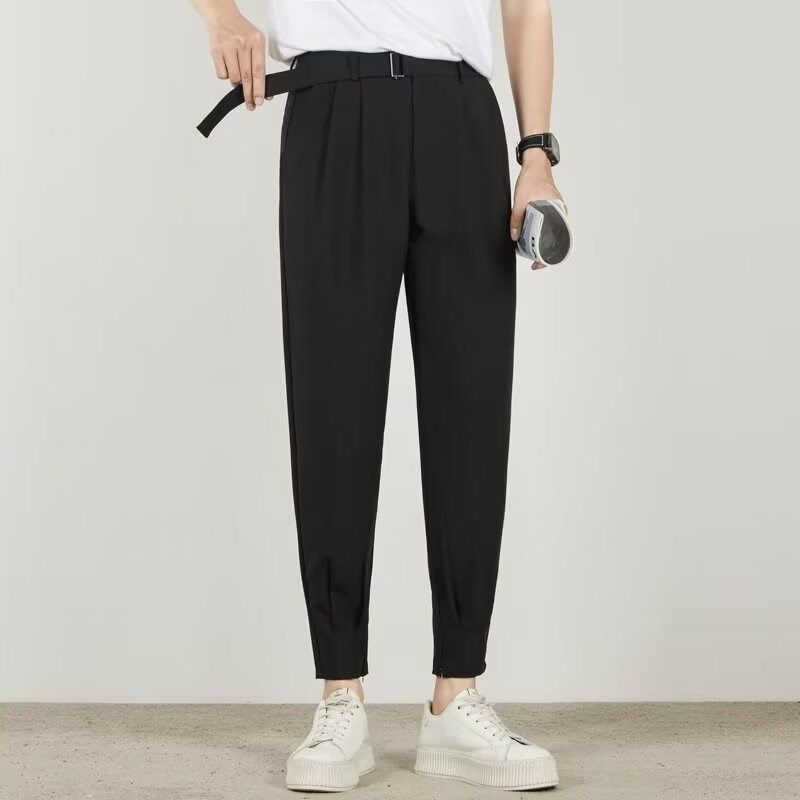 带腰带男士九分哈伦休闲裤松紧腰直筒小西裤拉链束脚裤男夏季薄款,男装,休闲裤,淘宝优惠券,粉丝福利购,淘宝优惠卷