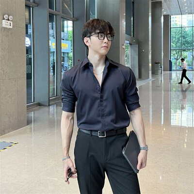 全面升级-韩系百搭纯色商务宽肩男精致翻领硬挺中袖长袖短袖衬衫