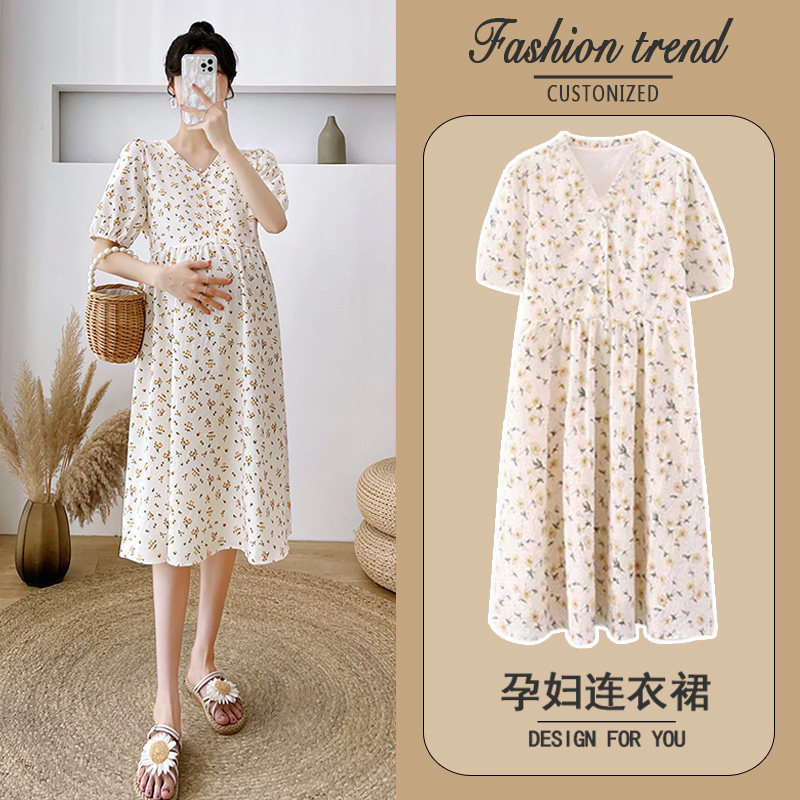 孕妇夏装连衣裙潮妈碎花哺v乳小个裙子棉麻v领遮肚子洋气白色上衣