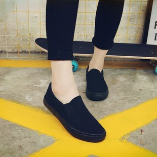 黑底布鞋男女无鞋带休闲鞋黑边懒人平底球鞋全Q黑帆布鞋一脚蹬女