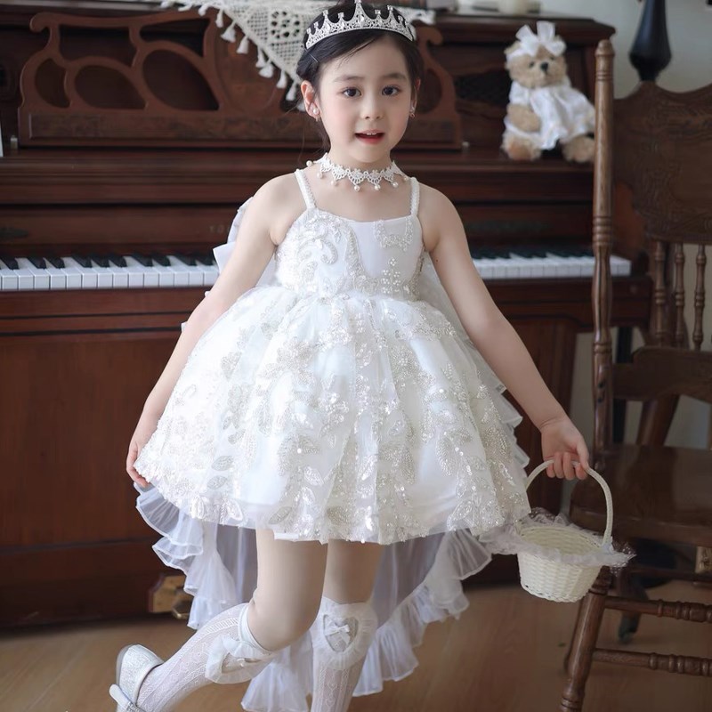 女童生日百天演出主持人晚v宴六一儿童礼服白色高级感白色吊带夏