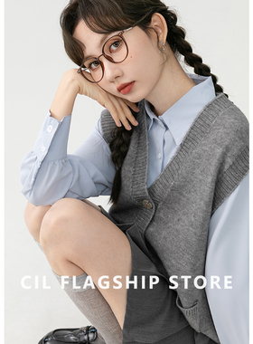 灰色V领无袖坎肩背心马甲女春秋新D款宽松叠穿针织毛衣开衫上衣潮