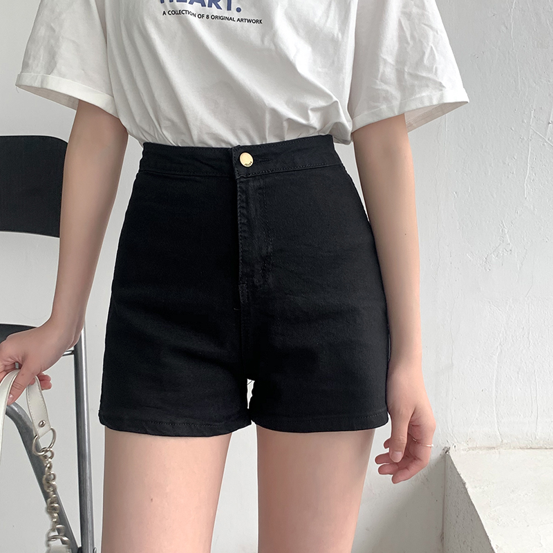 黑色牛仔超d短裤女夏季高腰显瘦紧身弹力直筒大码胖妹妹mm短裤热
