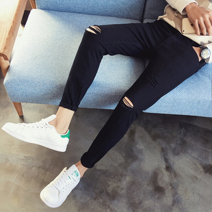 9分裤 子26修身 小脚裤 160帅t小码 膝盖破洞九分牛仔裤 27p码 个性 男裤