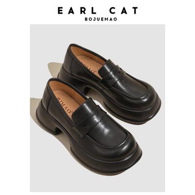 伯爵猫乐福鞋女2024秋冬新款真皮单鞋厚底增高鞋子女鞋黑色小皮鞋