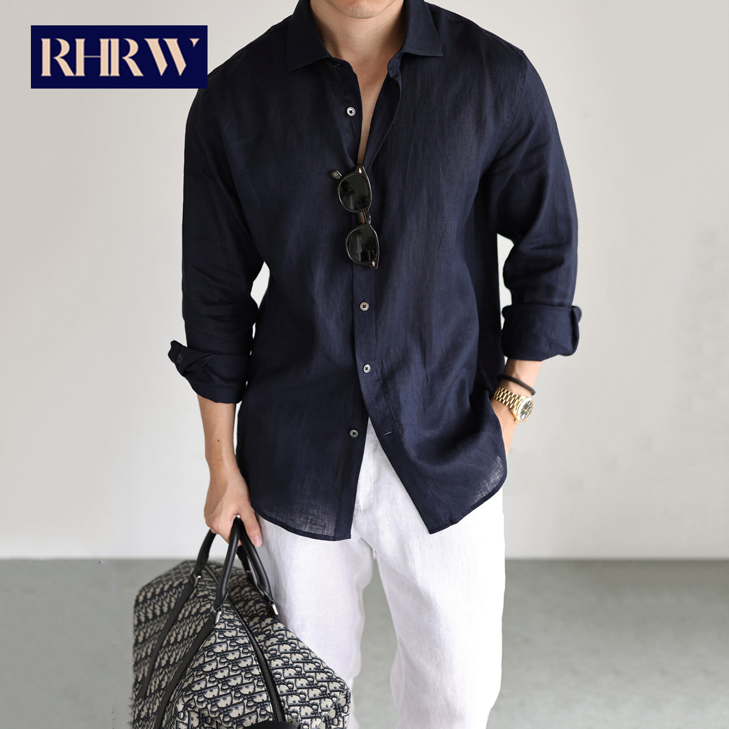 RHRW意式老钱风亚麻长袖衬衫男2026年春夏季新款休闲商务透气衬衣