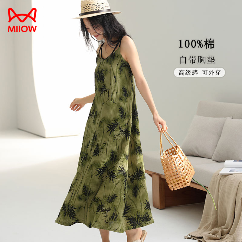 猫人夏季纯棉纱布面料吊带睡裙