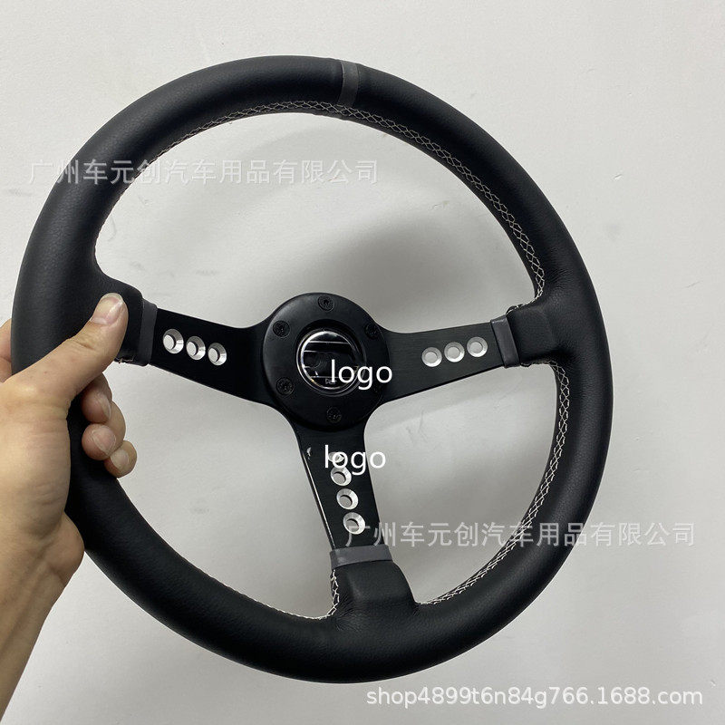 跨境代发 汽车改装S标真皮方向盘通用14寸中凹银圈九孔赛车方向盘