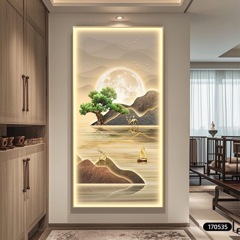 玄关装饰画新中式山水灯画迎客松入户走廊过道挂画高级感壁画