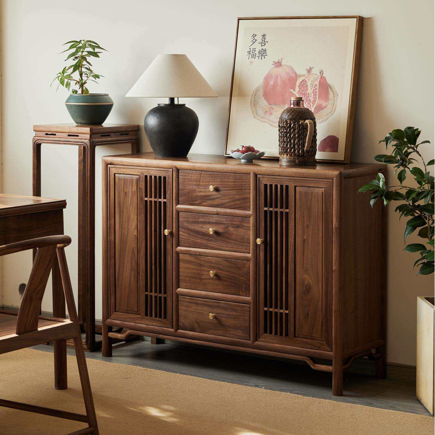 新中式实木餐边柜储物柜客厅玄关柜黑胡桃木茶室边柜置物柜家用