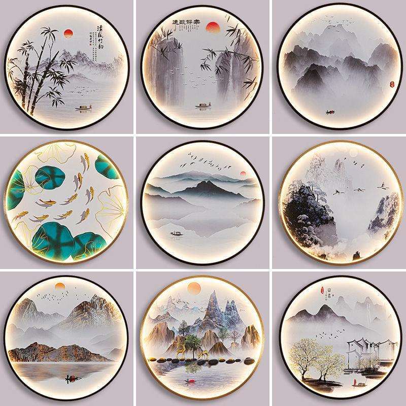 圆形客厅山水画壁灯新中式玄关楼梯餐厅茶室禅意背景墙装饰画壁灯图片