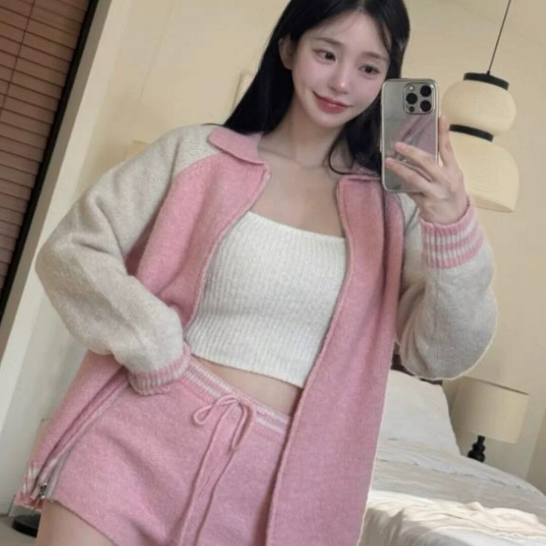 拉链棒球服拉链针织时尚套装秋冬新款韩版+宽松慵懒风短裤两件套