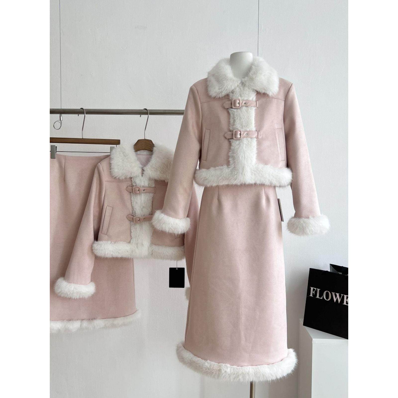 粉色小香风套装女2025一整套初冬穿搭千金风毛毛外套半身裙两件套,女装/女士精品,时尚套装,淘宝优惠券,粉丝福利购,淘宝优惠卷