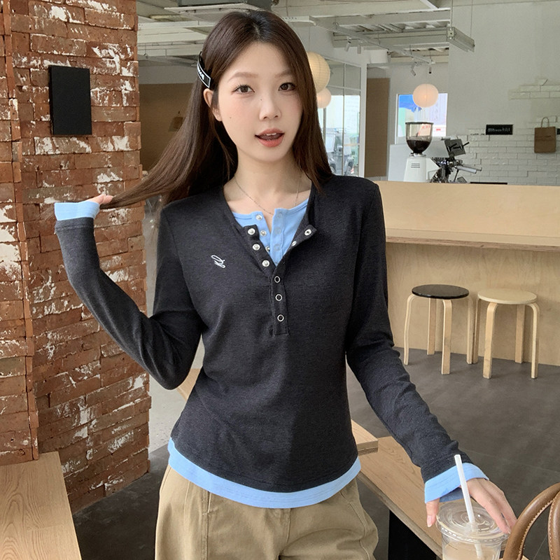 实拍大码胖mm秋季设计感亨利领假两件上衣chic内搭撞色打底衫t恤