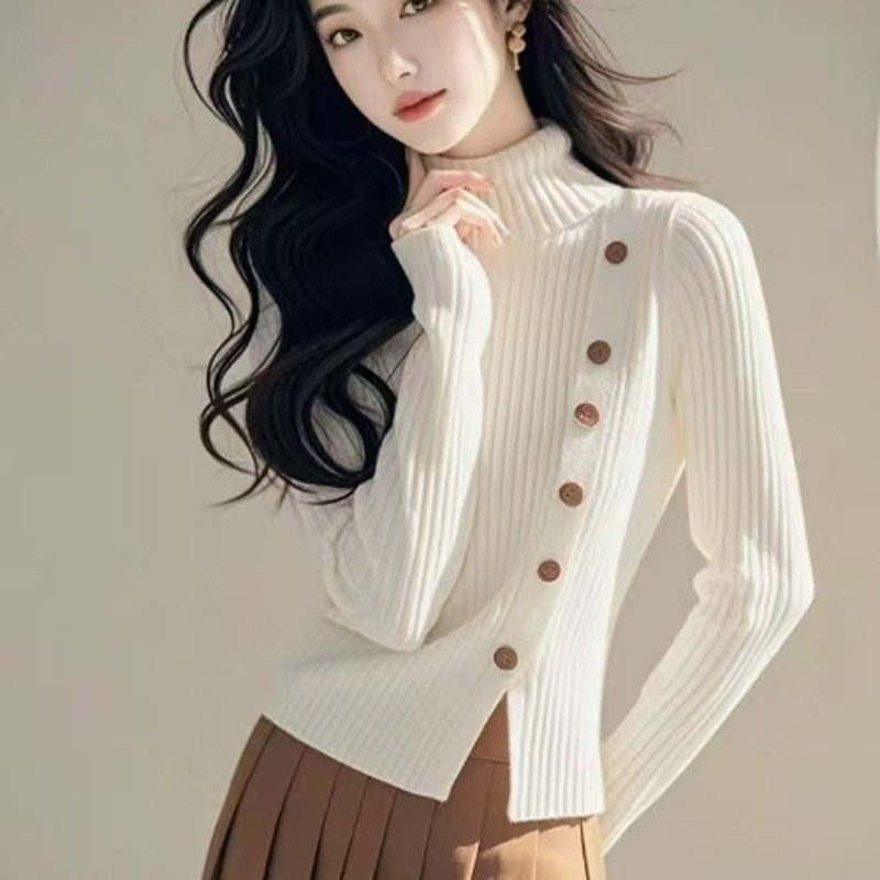 设计感高领白色长袖羊绒毛衣女2025秋冬高级感气质针织打底衫上衣