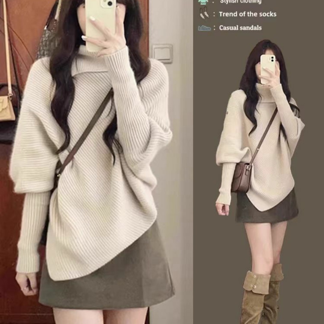 慵懒风高领毛衣女秋冬2025新款内搭设计感不规则中长款套头针织衫