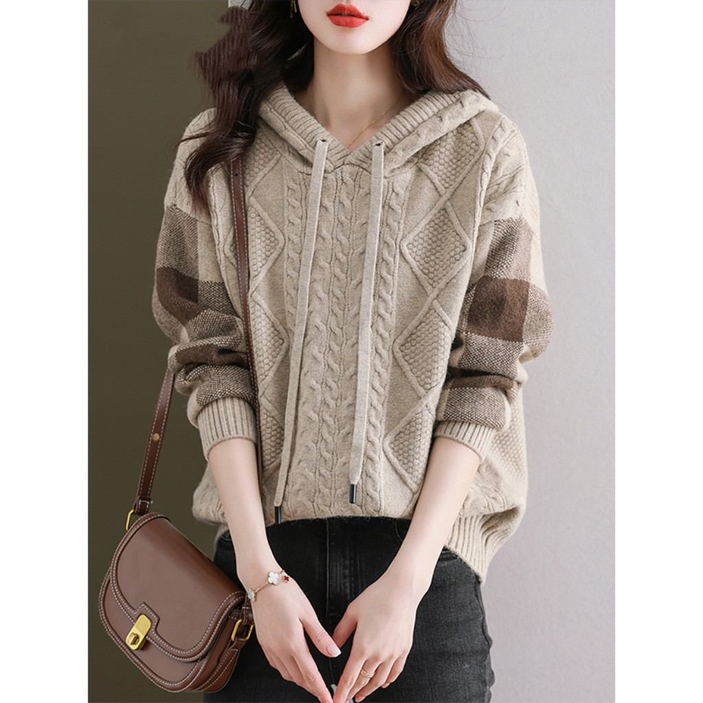 2025新款春秋冬连帽针织衫卫衣女高级感气质宽松显瘦外穿带帽毛衣