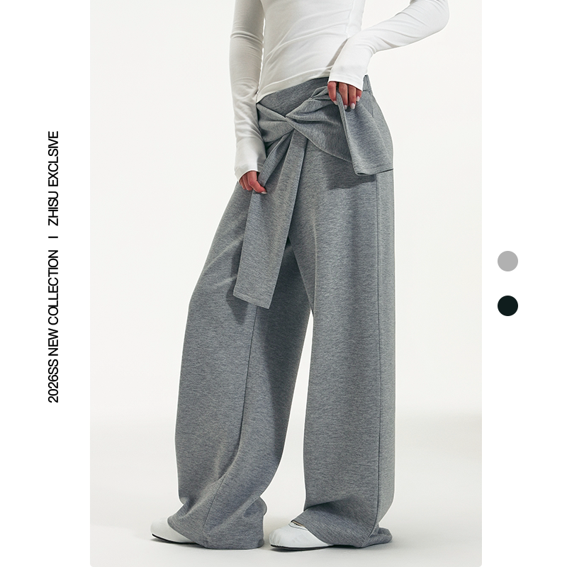 之塑法式绑带松弛慵懒高腰松紧腰卫裤莫代尔抗皱垂感休闲阔腿裤