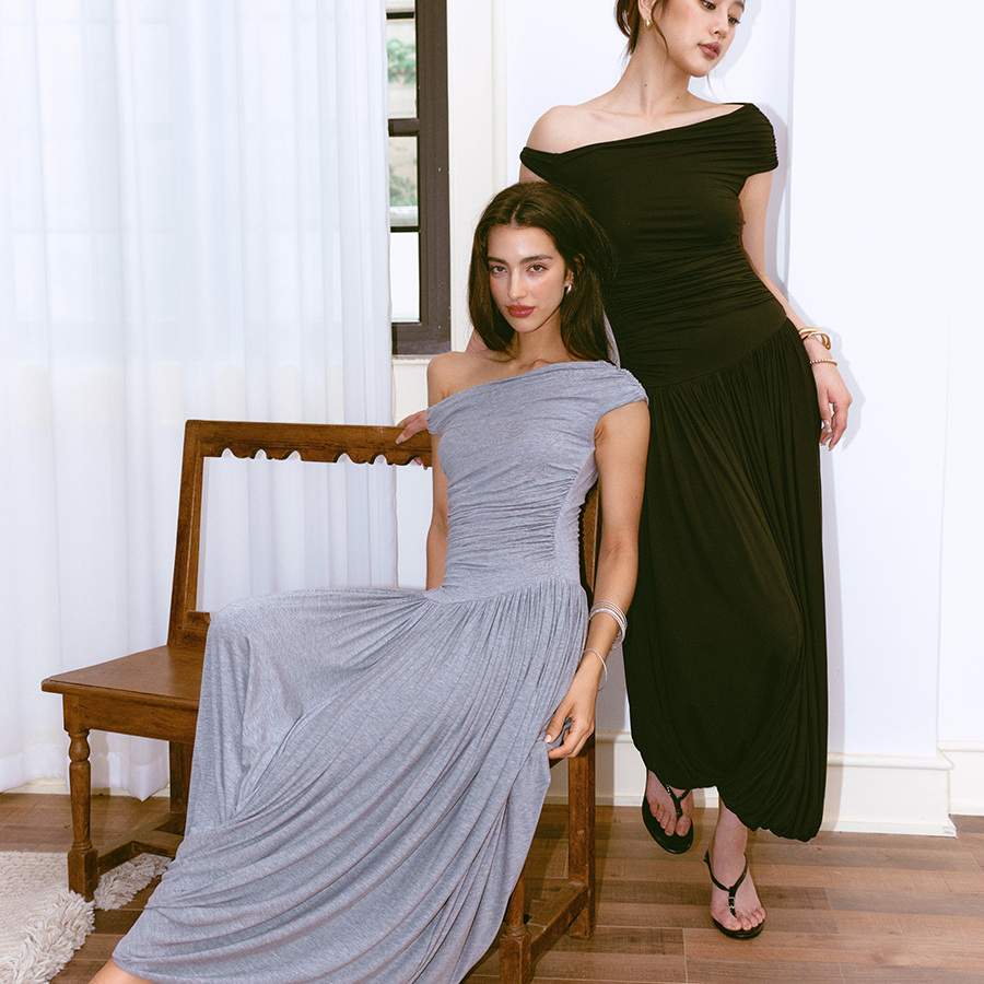 之塑斜肩一字肩修身扭结抽褶不规则弧形花苞下摆显瘦法式连衣裙