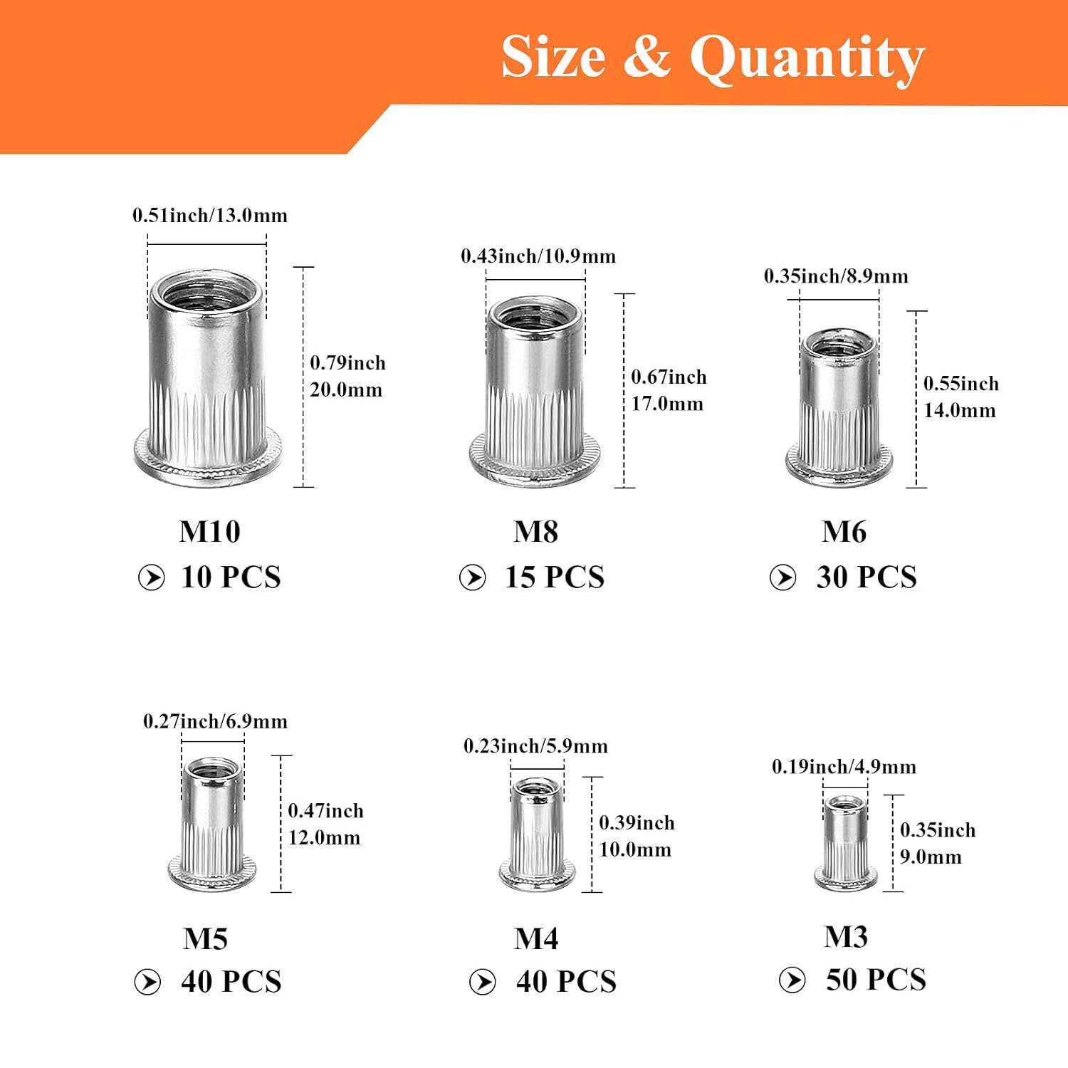 跨境 185PCS 盒装 M3-M10/304不锈钢铆钉平头螺纹螺母组合套件
