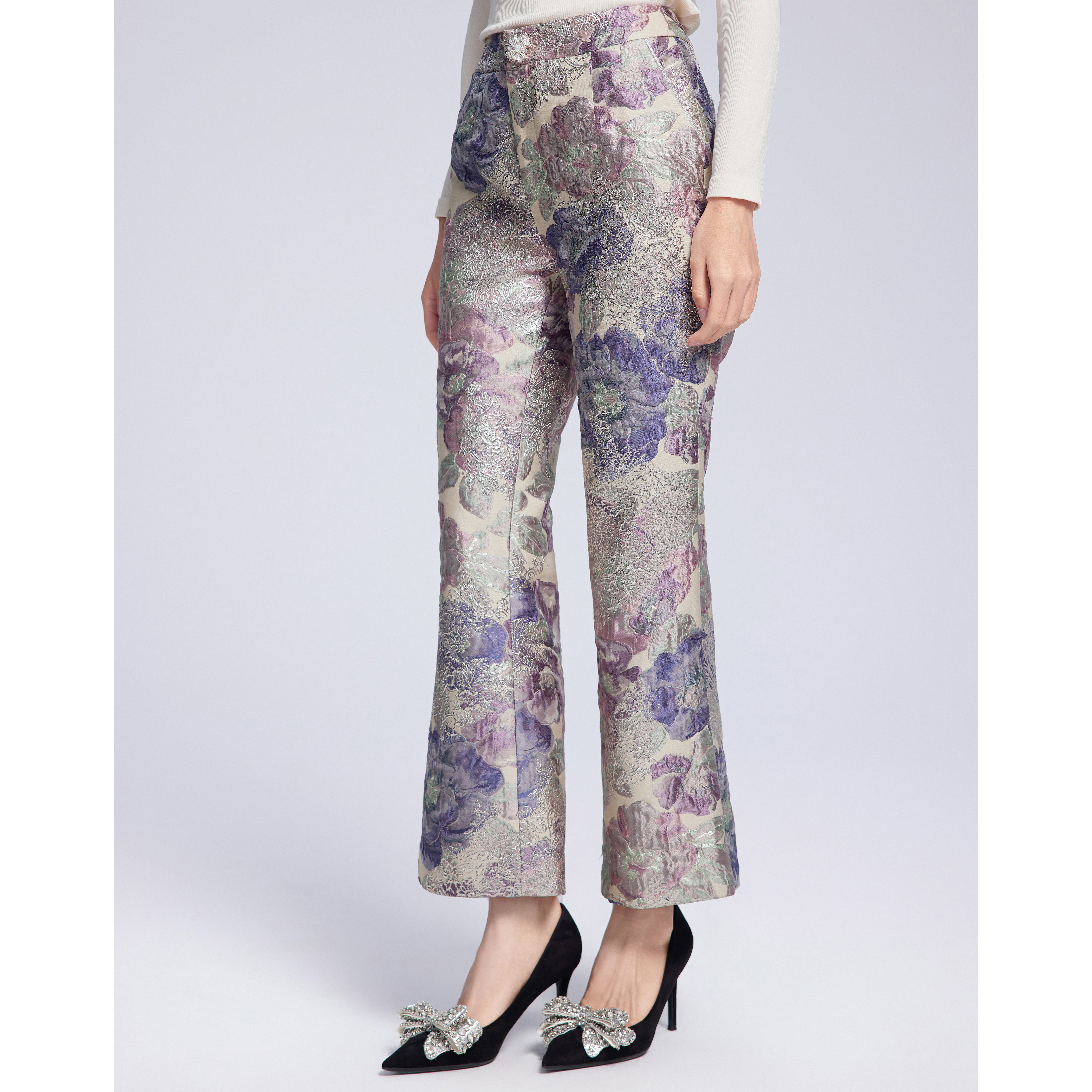 Lillo高定真丝提花喇叭裤长裤