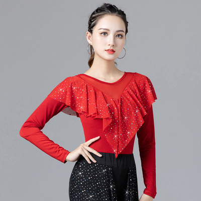 日本无印MUJIE摩登舞上衣女新款时髦网纱舞衣跳舞练功服广场舞蹈