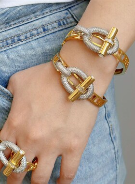 横杆ot戒指金色镶钻重工夸张镶钻缀饰镂空交叉开口手镯高级手环女