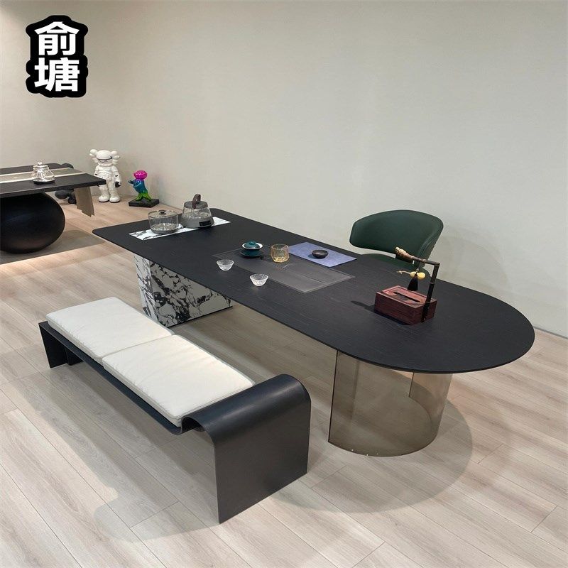 新中式茶桌椅组合办公室北欧现代岩板亚克力简约实木家用泡茶台