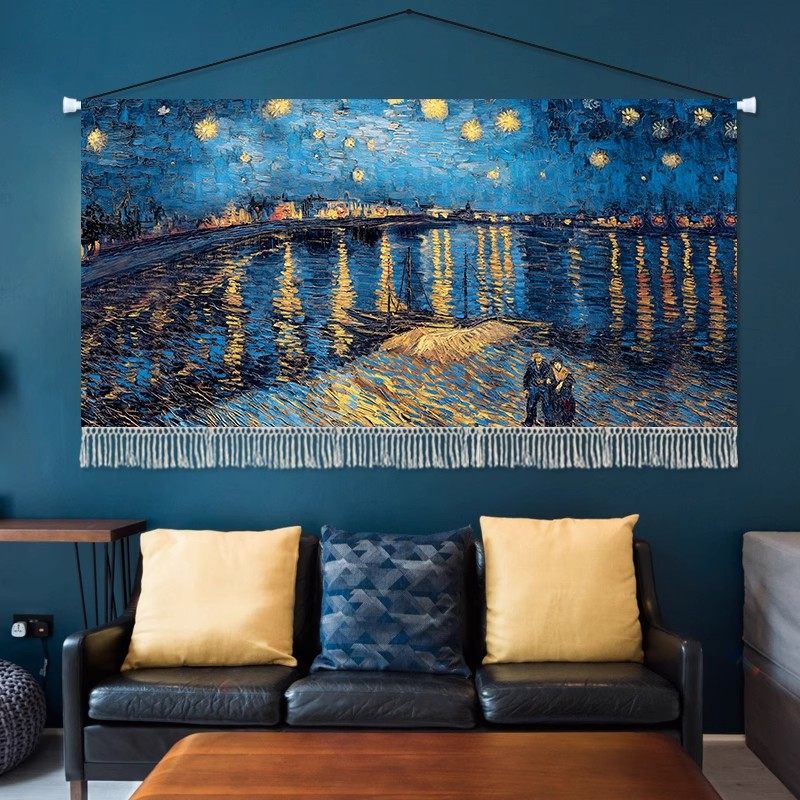 梵高油画挂毯客厅背景墙挂布横版卧室床头布艺挂画高级感遮挡装饰