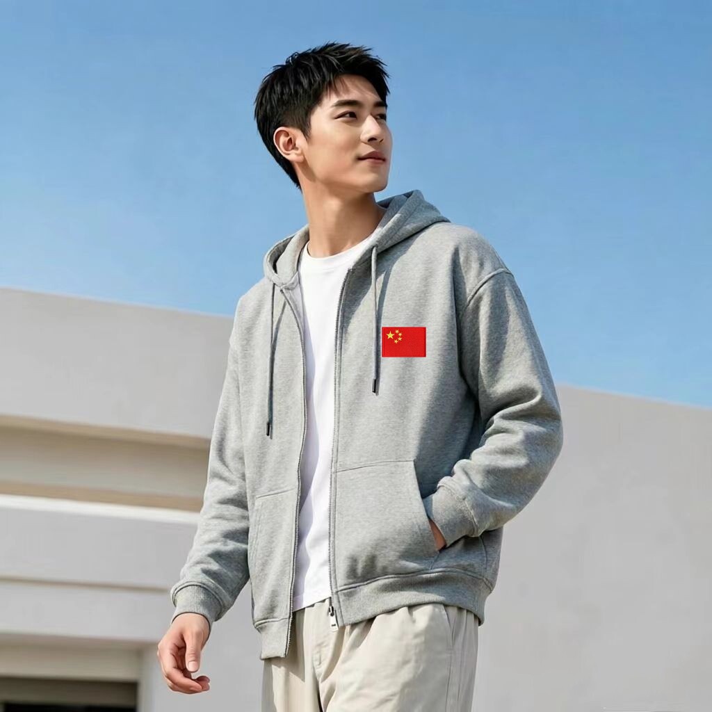 国旗刺绣重磅拉链连帽卫衣开衫外卫衣