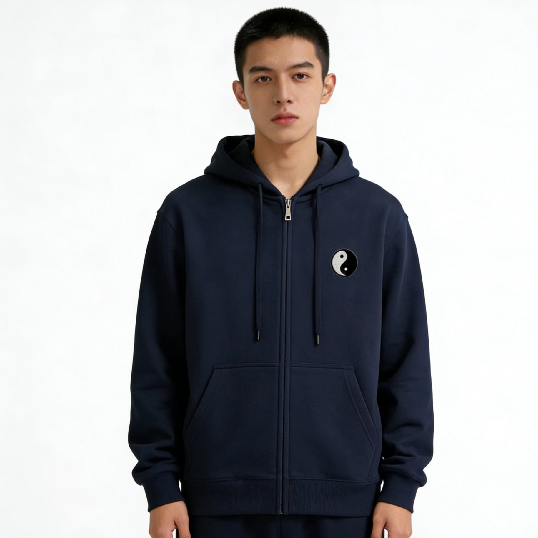 运动风连帽开衫卫衣男藏青色太极刺绣长袖上衣运动穿搭,男装,卫衣,淘宝优惠券,粉丝福利购,淘宝优惠卷