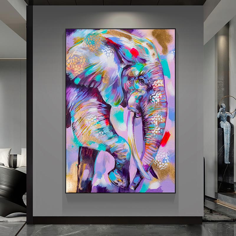 纯手绘动物大象油画金箔厚肌理玄关走廊挂画美式轻奢风客厅装饰画图片