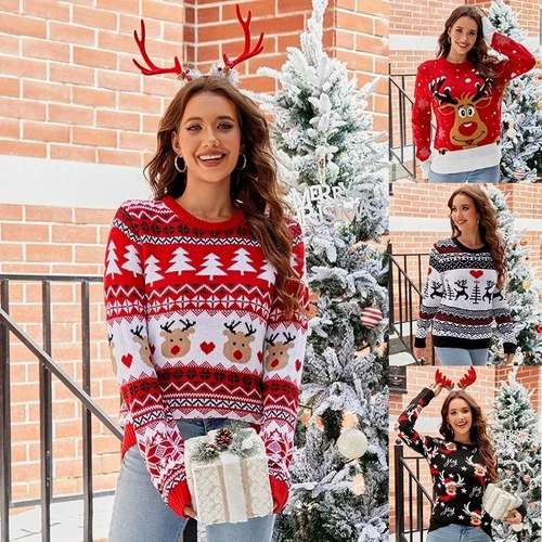 Knitted Christmas Ugly Sweater Jumper Santa Women Xmas Print