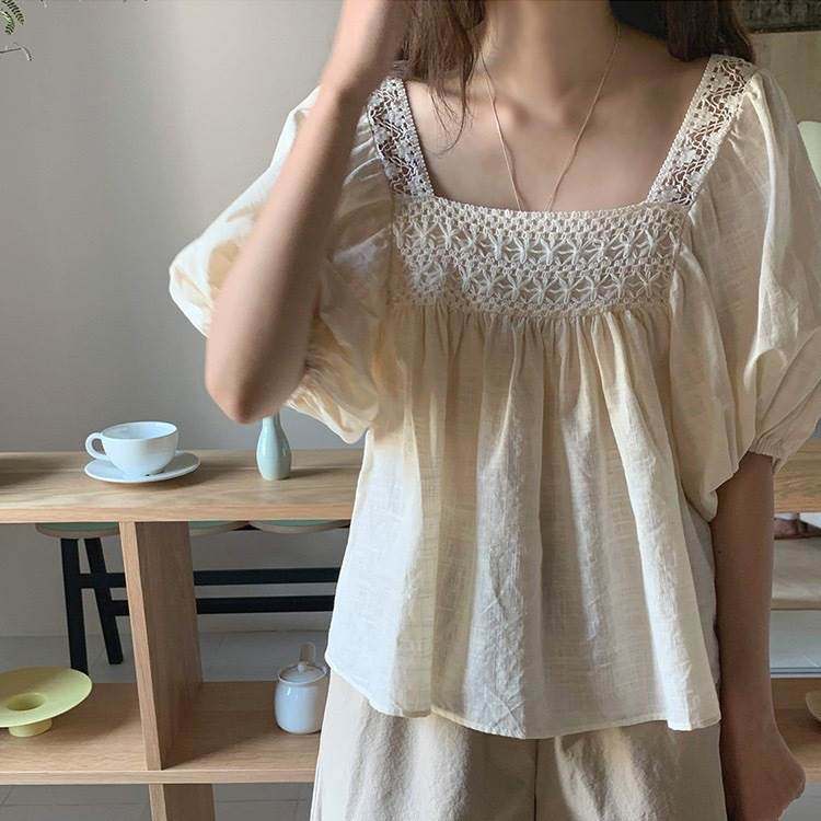 锁骨上衣复古赫本风减龄勾花镂空锁骨方领娃娃衫衬衣女夏宽松上衣