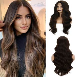 棕色蕾丝 Europe girls brown wave hair party cury wigs long
